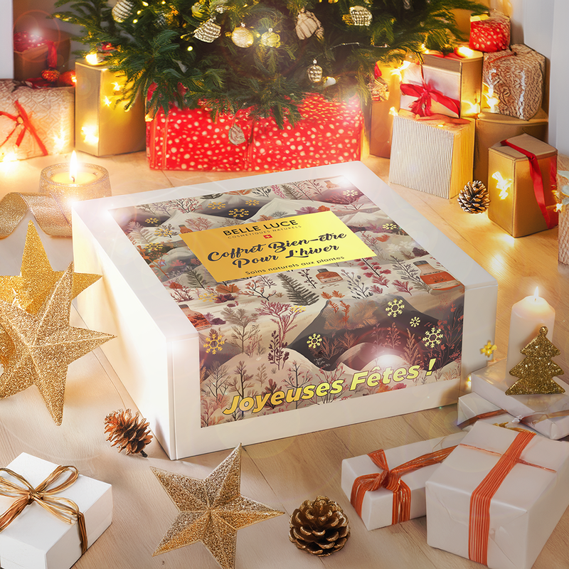 Coffret de Noël Soins Bien-être pour l'Hiver par Belle Luce, contenant cinq soins naturels : bougie parfumée pomme-cannelle, lait corps à l'edelweiss, sel de bain aux fleurs, baume universel au calendula, et masque visage aux fleurs. Ce coffret cadeau exclusif est idéal pour un hiver cocooning, offrant hydratation, douceur et relaxation pour la peau, conçu pour apporter chaleur et bien-être en hiver.