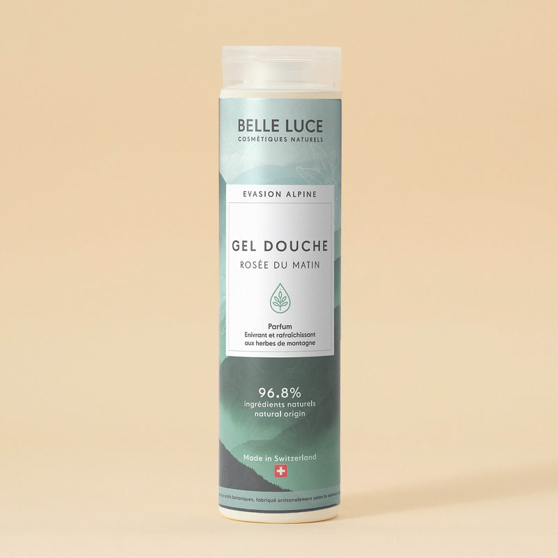 Image du Gel Douche Rosée du Matin - 200 ml, composé à 96.8% d'ingrédients d'origine naturelle, offrant une fraîcheur alpine et un parfum vivifiant aux herbes de montagne.